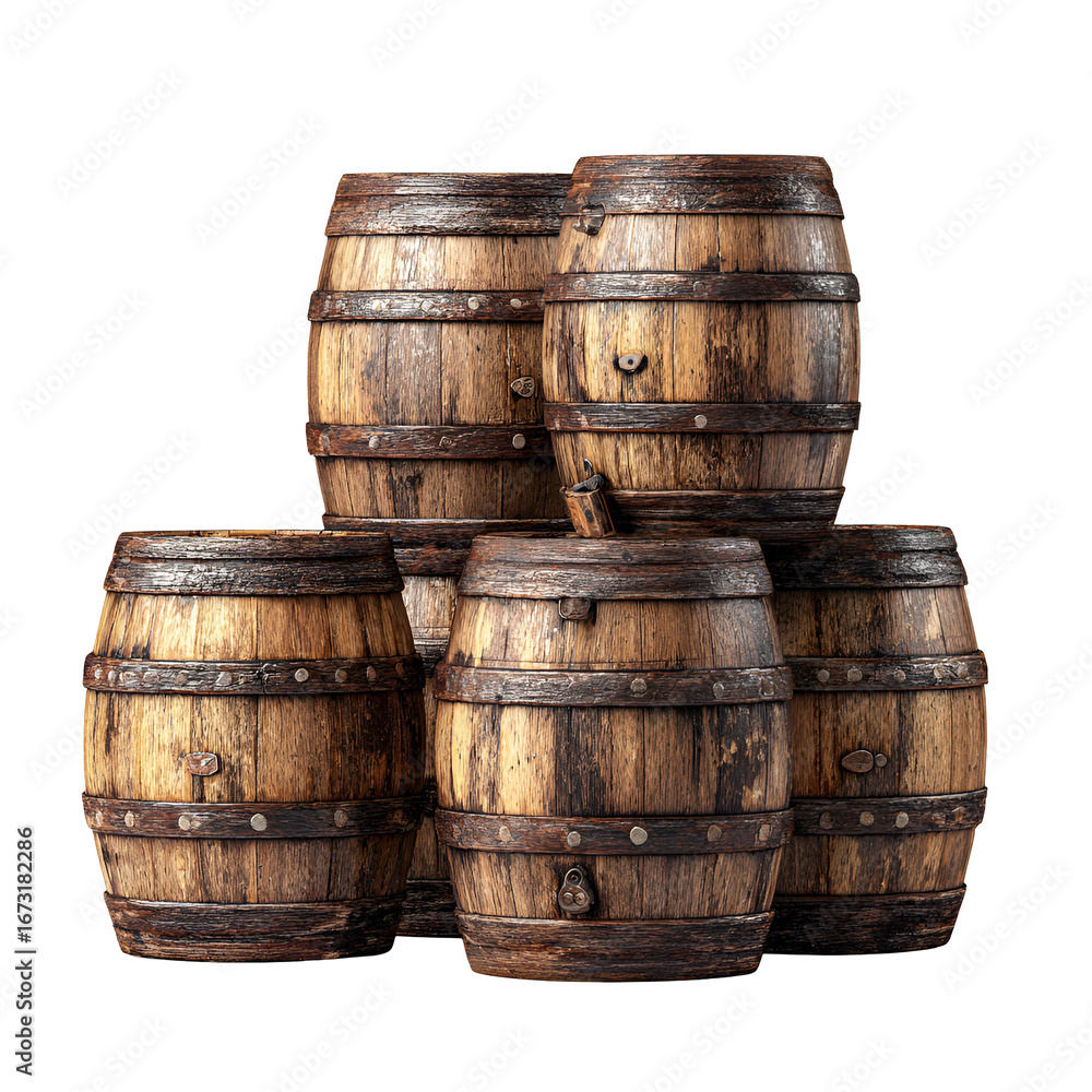 Obraz premium Stack of Vintage Wooden Barrels Dark Background