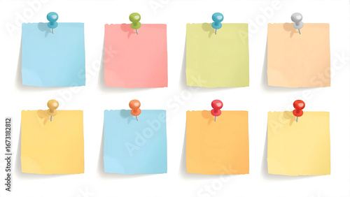 Colorful Square Sticky Notes with Push Pins Isolated