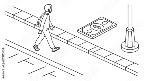 Isometric Line Art: Man Walking on Sidewalk Near Lost Money Bill in Urban Scene
