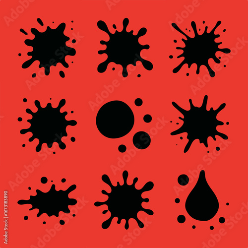 Black ink splatters on red background