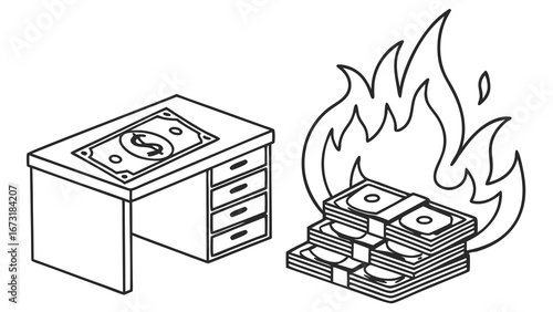 Financial Crisis Concept: Isometric Desk with Dollar Bill and Burning Cash Stacks Line Art Illustration
