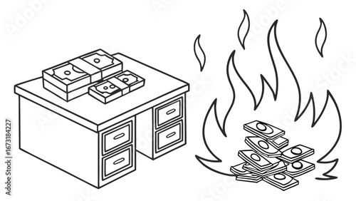 Burning money and cash on office desk, depicting financial loss and waste in line art illustration