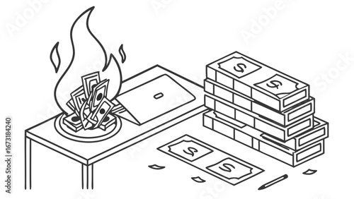 Money Burning on Table Illustration: Financial Waste, Expenses, and Economic Loss Concept