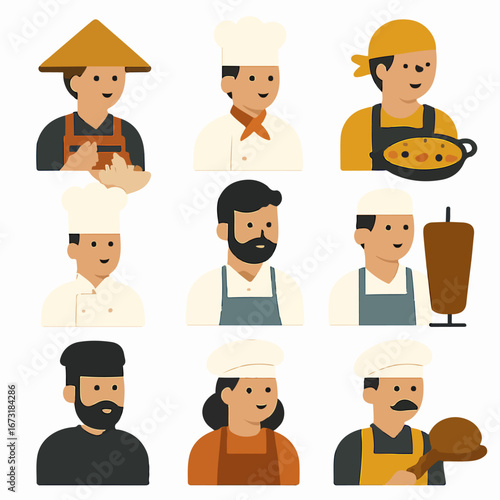 Group of cartoon chefs and cooks with kitchen utensils and food items