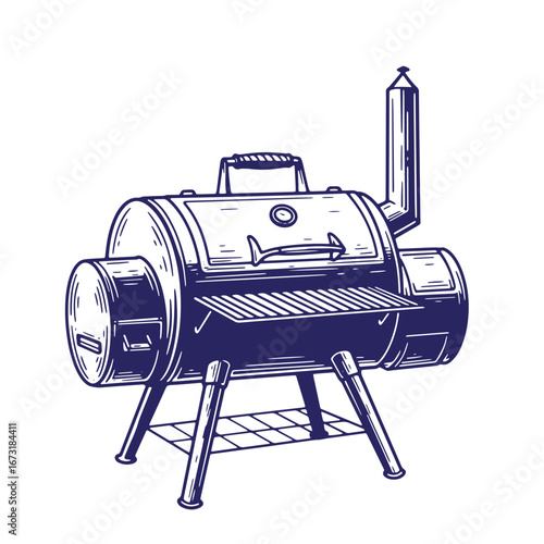 Detailed blue and white illustration of a bbq smoker for outdoor cooking enthusiasts