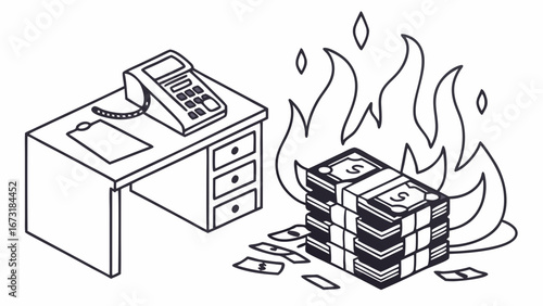 Financial Loss Concept: Burning Money Next to Office Desk. Business Waste, High Costs, Economic Crisis Isometric Illustration.