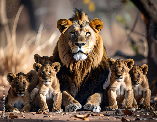 A majestic male lion sits protectively surrounded by five adorable lion cubs in a natural, sunlit outdoor setting.