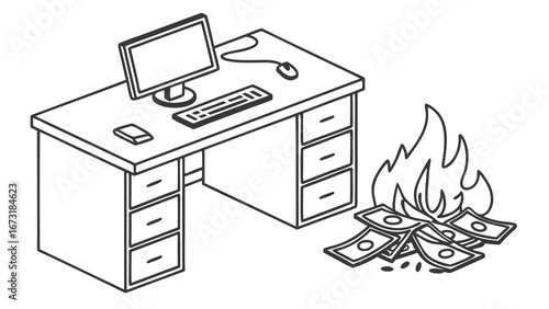 Burning Money by Office Desk: Isometric Line Art of Financial Waste, Business Costs, and Economic Loss