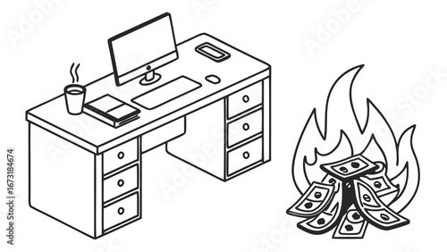 Office Desk, Computer, and Burning Money Pile Illustration. Financial Waste, Business Expense, and Money Loss Concept.