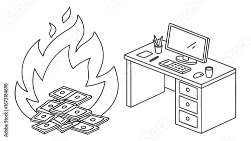 Financial Loss at Work: Money on Fire Next to Office Desk