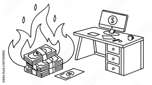 Wasteful Spending & Financial Crisis: Money on Fire by Office Desk Line Art Illustration