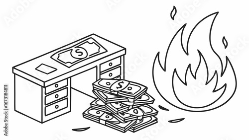 Financial Loss Concept: Burning Money at Office Desk. Business Crisis, High Risk, Expense, Debt, Cost Illustration