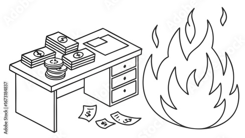 Financial Loss & Crisis: Desk with Money and Burning Fire, Representing Debt and Economic Downturn