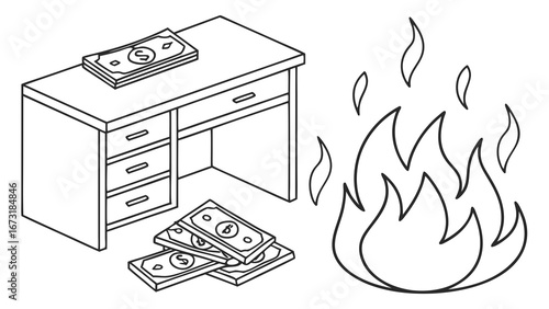 Financial crisis concept: Money on office desk with burning flames, representing business loss and expenses