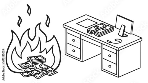Financial Waste, Burning Money, and Office Desk with Cash - Business Loss Concept