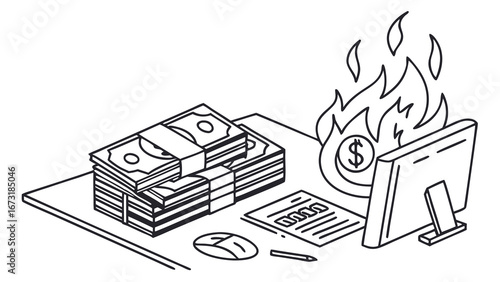 Financial Loss & High Expenses: Burning Dollar Sign, Cash, Computer on Desk