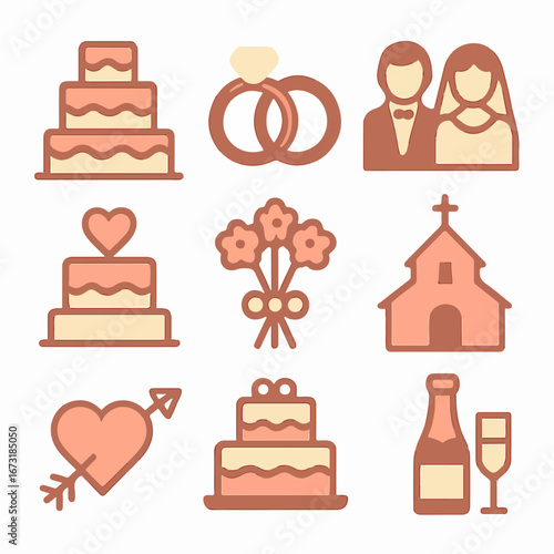 Wedding celebration icons with cake rings couple flowers church bottle glass