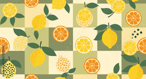 Vibrant citrus fruit pattern design great for summer textiles or fresh product packaging backgrounds
