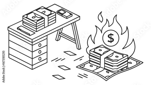 Financial Waste & Risk: Isometric Burning Money Illustration