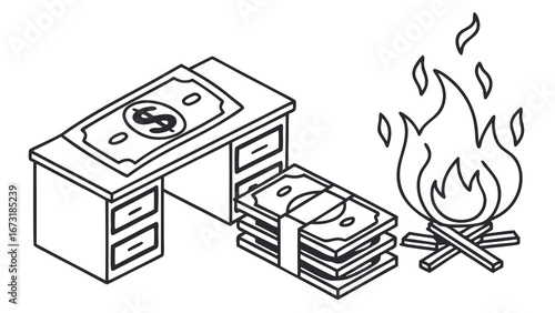 Money Burning in Campfire Next to Desk: Financial Loss & Wasteful Spending Concept