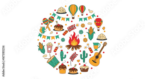 Celebrate Festa Junina with vibrant balloons, bonfires, guitar, and cake illustrations for Brazilian celebrations