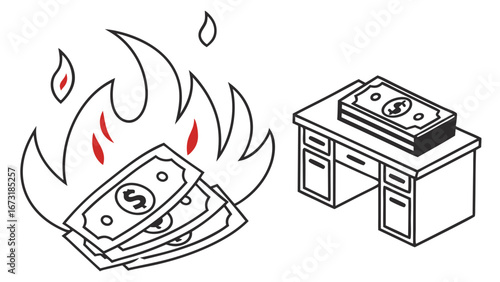 Financial Loss and Assets: Money Burning and Cash Stack on Office Desk Illustration