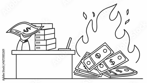 Money Burning on Desk: Financial Loss, Wasteful Spending, Business Cost Concept