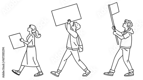Activists marching with blank signs and flag, simple line art illustration