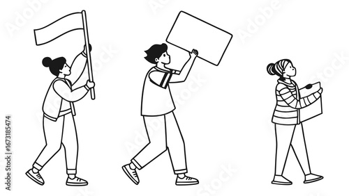 Protesting people with blank signs and flag. Line art illustration of social activism, demonstration, and human rights.