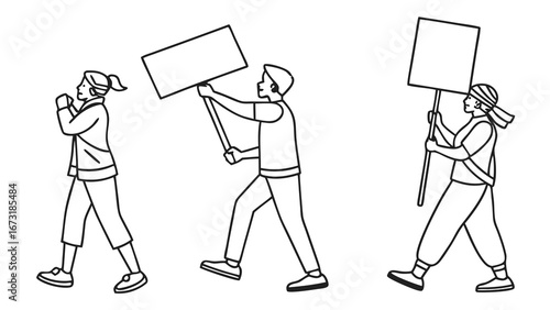 Demonstrators marching with blank protest signs, vector outline illustration