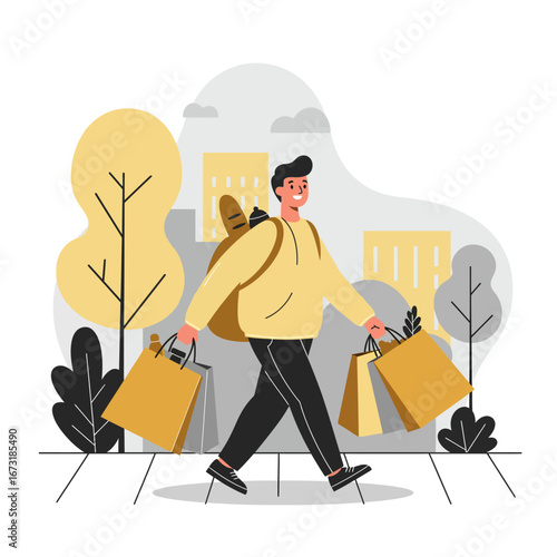 Happy man walking with shopping bags, enjoying a day out.