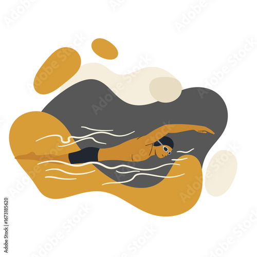 Male athlete swimming freestyle in a modern abstract illustration.