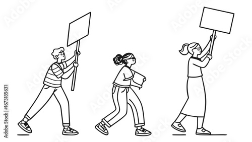Line Art Protest March: Blindfolded Activist & Demonstrators with Blank Signs