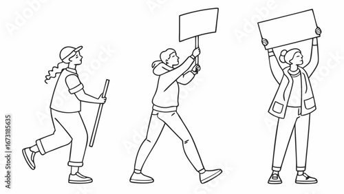 Line Art People Protesting with Blank Signs. Activists Marching for Social Change and Community Action.