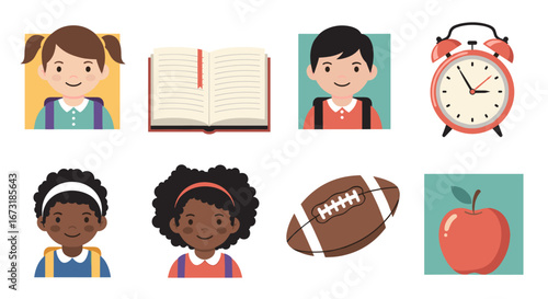 Diverse smiling students with school supplies and football, representing back to school fun and learning