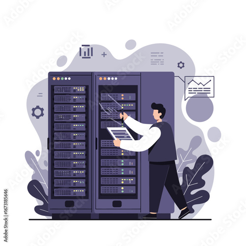 Male IT specialist working on a server rack.