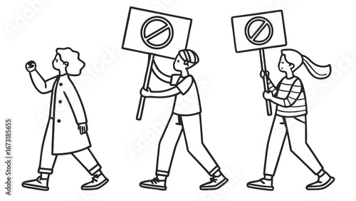 Activist Group Protesting with 'No' Signs in Line Art Style, Social Demonstration