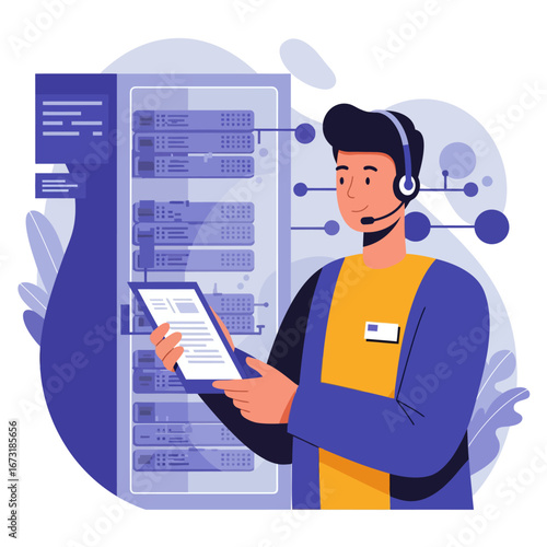 Male IT Technician with Headset and Tablet.