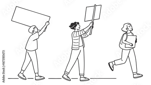 Line Art: People Protesting, Marching with Signs for Social Change, Activism, and Human Rights