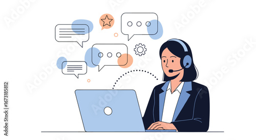 Professional woman offers customer support online with headset and laptop for your business needs today