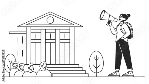 Public Speaker with Megaphone Addressing Crowd at Protest in Front of Government Building. Social Justice & Advocacy Concept.