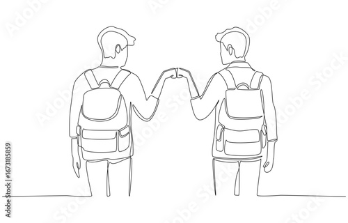 Continuous one line drawing of two students wearing backpacks giving each other fist bump, symbolizing friendship, trust, unity, and youthful energy, single line art