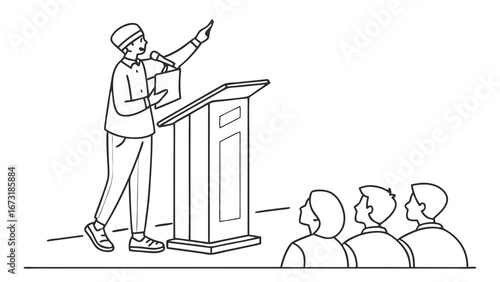 Public Speaker at Podium Addressing Audience, Black and White Line Art Illustration