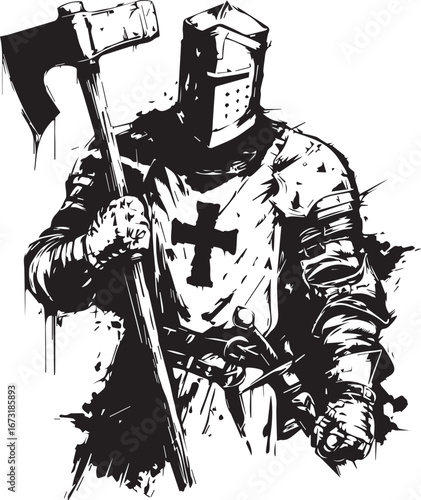 Knightly Resolve: A detailed, monochrome illustration portrays a stoic knight in full armor, embodying courage and medieval chivalry