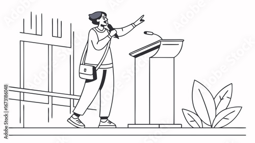Speaker Delivering Presentation at Podium with Microphone Line Art
