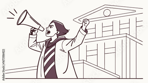Activist using megaphone in protest before a government building. Public speaker illustration.