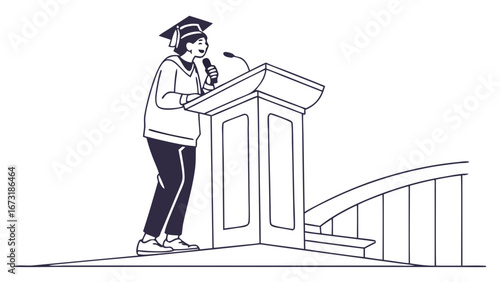 University graduate giving commencement speech at podium with microphone, line drawing