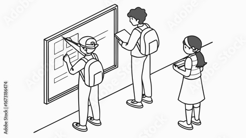 Students checking bulletin board. School, education, information sharing, and campus life isometric line art.