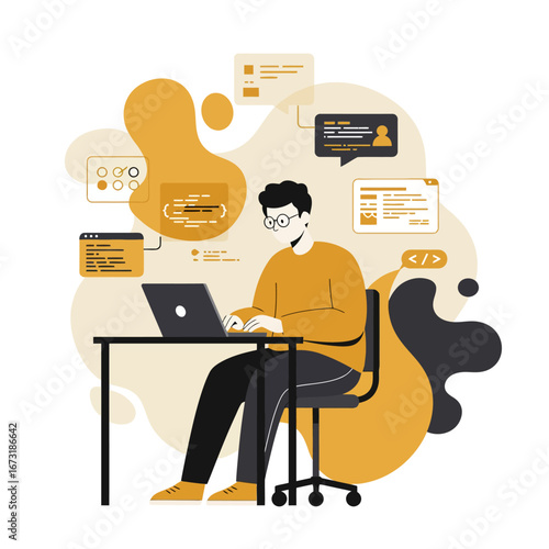 Programmer working on laptop with code snippets and data visualizations around him.