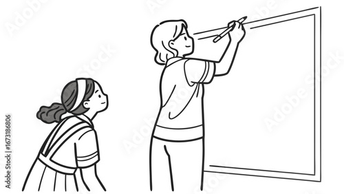 Teacher and student learning on a whiteboard. Education, instruction, and mentorship concept in a classroom setting.